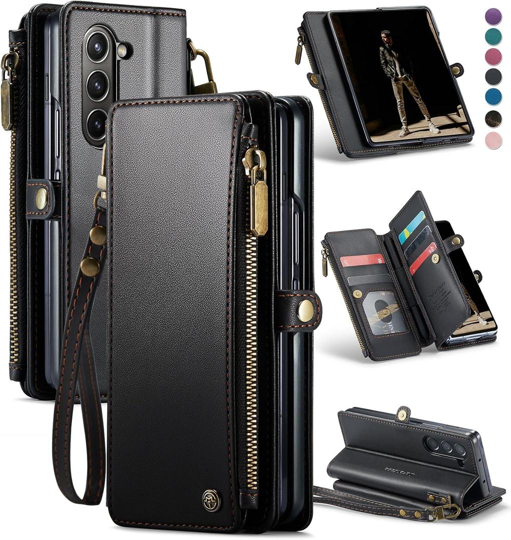 Defencase Wallet Case Compatible with Samsung Galaxy Z Fold 5 with RFID Blocking Card Holder & S Pen Holder Slot PU Leather Magnetic Snap Flip Zipper Strap Phone Case Fit for Galaxy Z Fold 5, Black