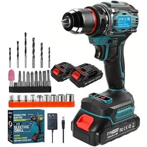21V Cordless Power Drill/Driver Set, Electric Power Drill Set with 2 Battery & Charger, 3/8 Keyless Chuck, 2 Variable Speed, 28-Piece Kit Power Drill Drivers for Home Use