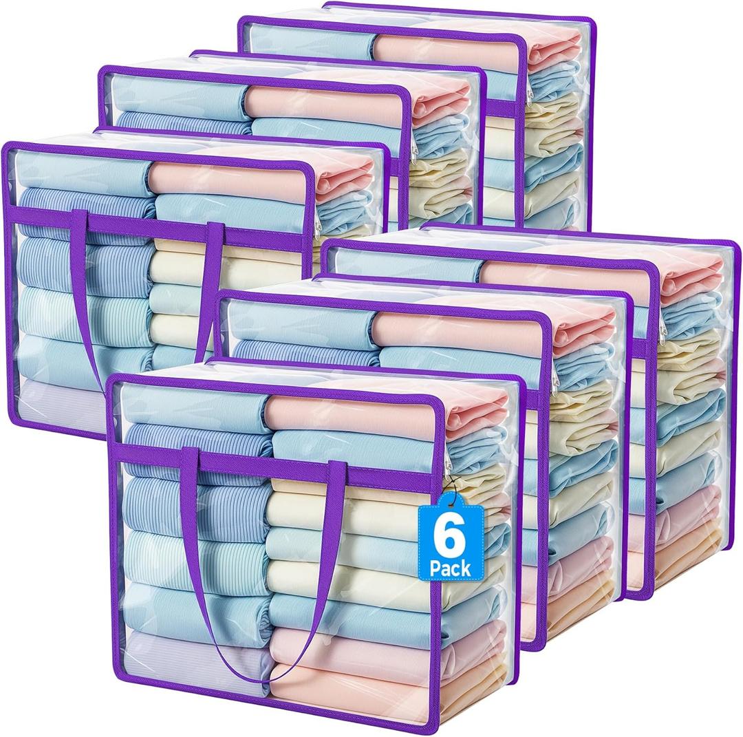 Budding Joy 6 Pack Clear Zippered Storage Bags for Clothes,40L Closet Organizers and Storage Containers Vinyl Moving Bag for Bedding, Linen, Blankets, Comforters, Clothing & Toys (Purple)