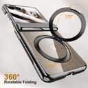 Clear Case for Motorola Razr Ultra 2025 with Magnetic Rotating Ring Kickstand & Screen Protector and Hinge Protection, Transparent Plating Wireless Charging Case for Motorola Razr Ultra 2025(Black)
