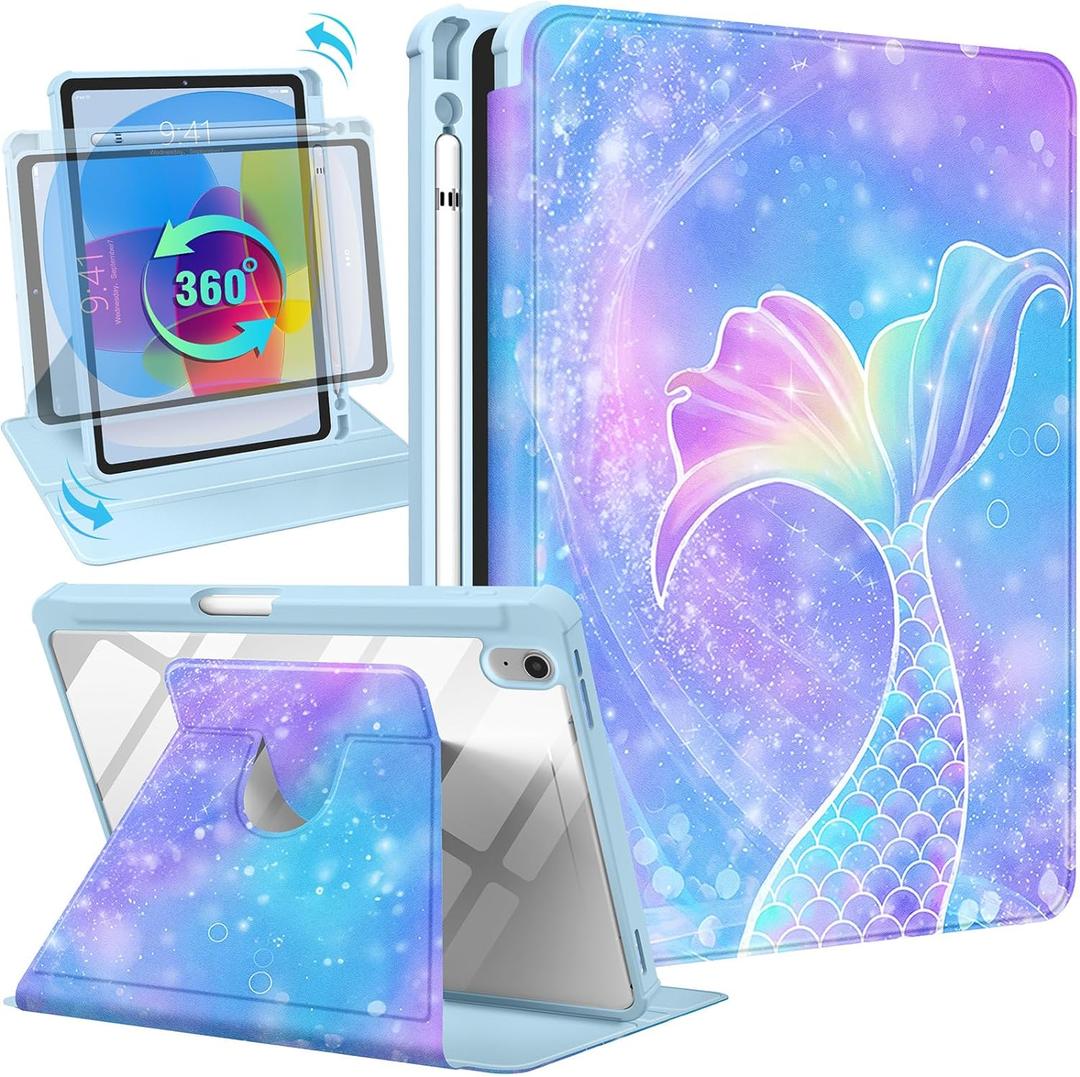 for iPad A16 Case - for iPad 10th Generation Case 10.9 Inch Women Cute Girls Pretty Girly Kids Teens Pretty Colorful Blue Purple Rotating Stand Folio Tablet Cover for Apple 10/11 2025