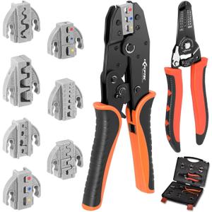 KF CPTEC Crimping Tool Set 9 PCS - Ratcheting Wire Crimper with Interchangeable Jaws for Heat Shrink, Open Barrel, Insulated & Non-Insulated Ferrules, Solar Connectors