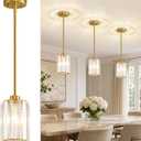 3 Pack Brushed Gold Pendant Lights Kitchen Island, Modern Crystal Chandelier Kitchen Pendant Lighting Over Island, Adjustable Hanging Mini Light Fixtures for Dining Room Hallway Corridor Bedroom