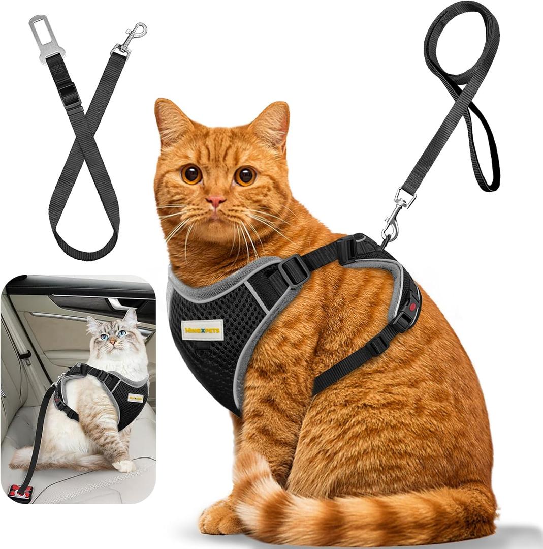Cat Harness and Leash for Walking, Retractable Cat Harnesses and Leash Set Escape Proof, Breathable Soft Kitten Small Large Harness for Travel Training and Walking, Black, XXS (XXS(chest:8.1"-13.0"))