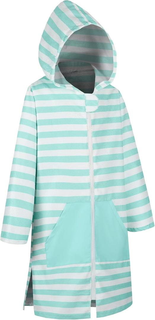 MissShorthair Kids' Hooded Towel Poncho with Zipper Beach Cover-Up with Pocket Swim Towel Robe for Boys & Girls, 8-10 Years