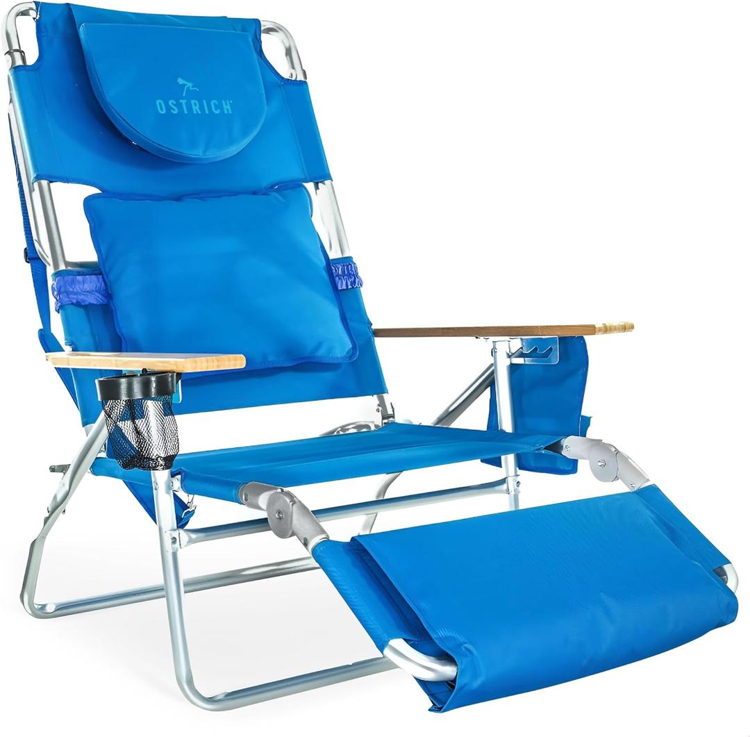 Ostrich Deluxe 3N1 Padded Beach Chair w/ Face Cushion & Arm Holes, Blue - Lightweight Folding Recliner w/ Adjustable Backrest & Footrest, Cup Holder, Side Utility Bag, 275 lb Weight Capacity
