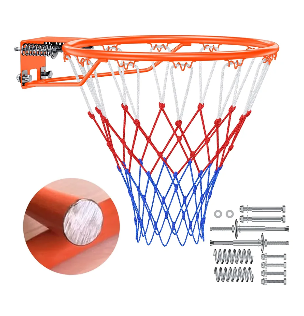 Basketball Rim, 18" Replacement Wall Mounted Outdoor Basketball Hoop, Heavy Duty Solid Steel, Double Spring Basketball Hoop Rim with All Weather Net for Indoor and Outdoor Hanging