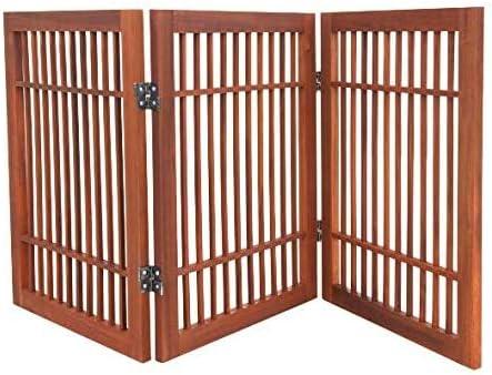Urnporium Freestanding Wooden Dog Gate Foldable Indoor Pet Gate No Drill Expandable Barrier for Doorways Stairs Hallways Portable Wood Fence for Small Dogs & Puppies (Brown Pet Gate, 3 Panel 24" Tall)