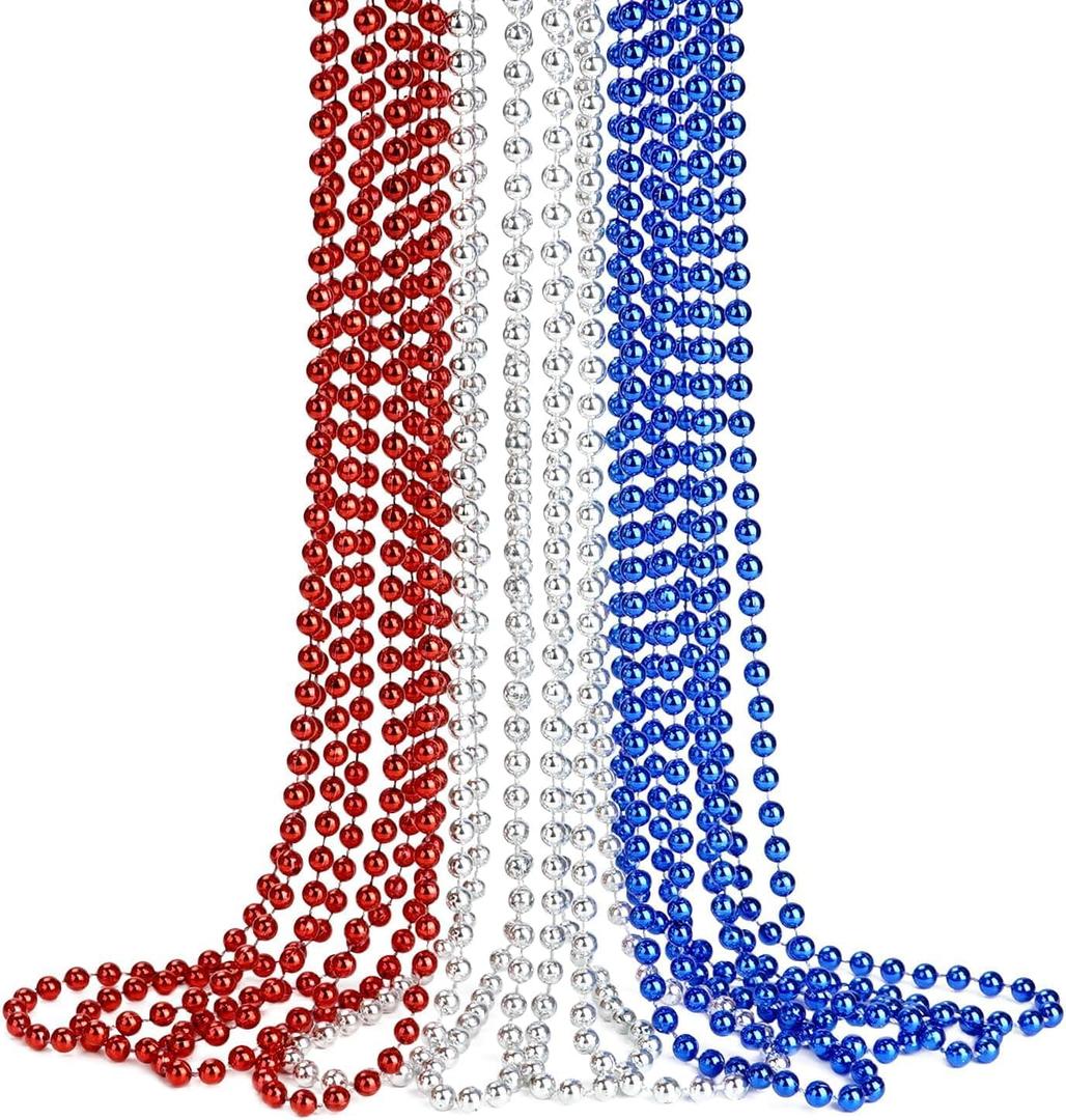 ZZYFGH 12 PCS 4th of July Beaded Necklace 33'' Metallic Red/Silver/Blue Bead Necklace Bulk, Mardi Gras Round Beaded Necklaces for July 4th Party Parade Event Festival Christmas Supplies Decor (Patriotic)