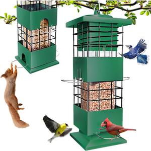 Squirrel Proof Bird Feeder, 3.5Lbs Metal Wild Bird Feeders Anti Squirrel with 4 Feeding Ports for Garden Bird Feeding Station Outdoors Hanging, Pigeon Resistant, Easy to Clean & Refill (Green)