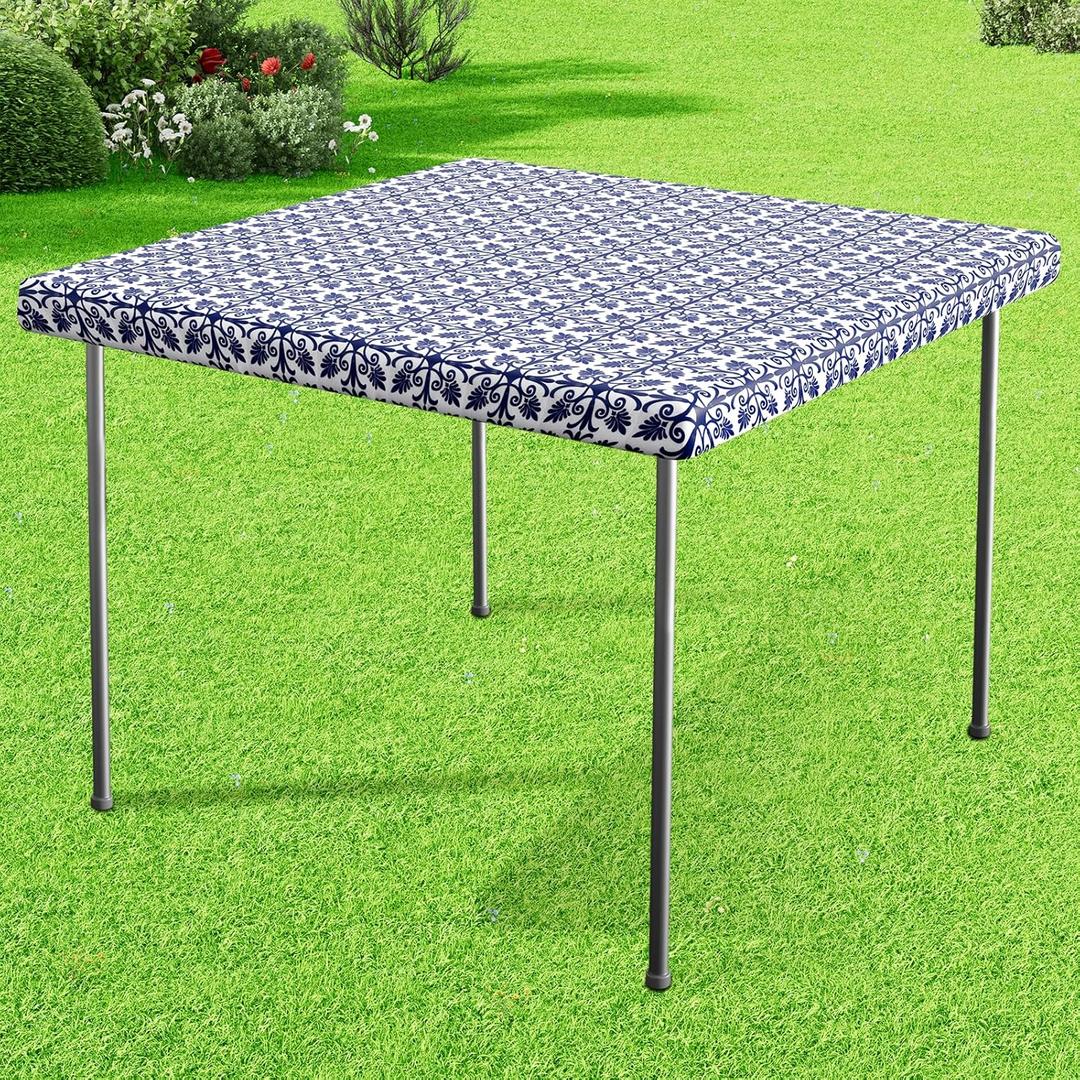 misaya Sqaure Vinyl Table Cloth, Elastic Fitted Flannel Backed Tablecloth, 100% Waterproof Plastic Table Cover Fits Folding Tables for Picnic, Camping, Outdoor (Navy, 34" x 34")