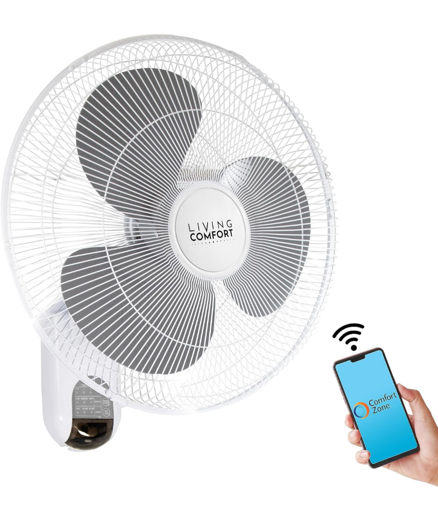 Comfort Zone Oscillating Wall Mount Fan with Adjustable Vertical Tilt, 16 inch, 3 Speed, Metal Grille, 90 Degree Oscillation, 3 Modes: Normal, Pulse, and Sleep, 4H Timer, & Wi-Fi App Control, White