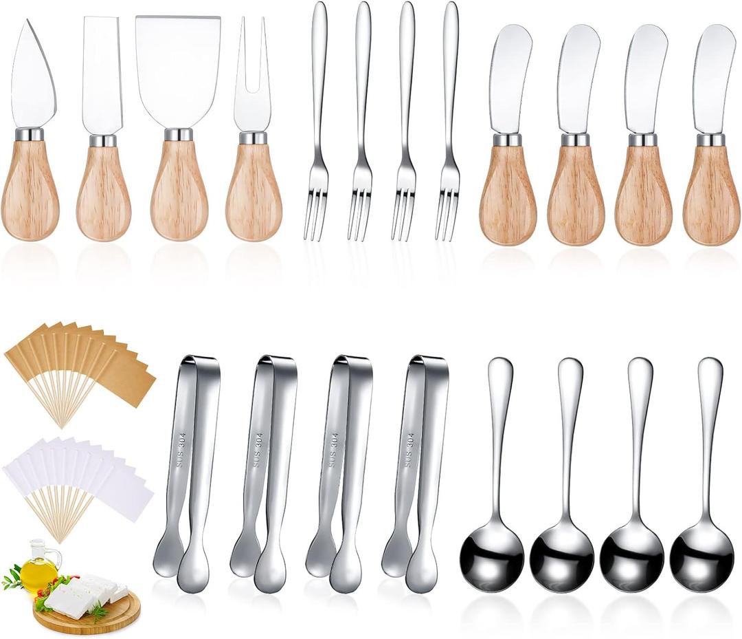 Charcuterie Board Accessories Spreader Knife Set Cheese Butter Spreader Knife Charcuterie Utensils with Wooden Handles Mini Serving Tongs Spoons Forks for party Wedding Christmas (Silver, 20 Pieces)