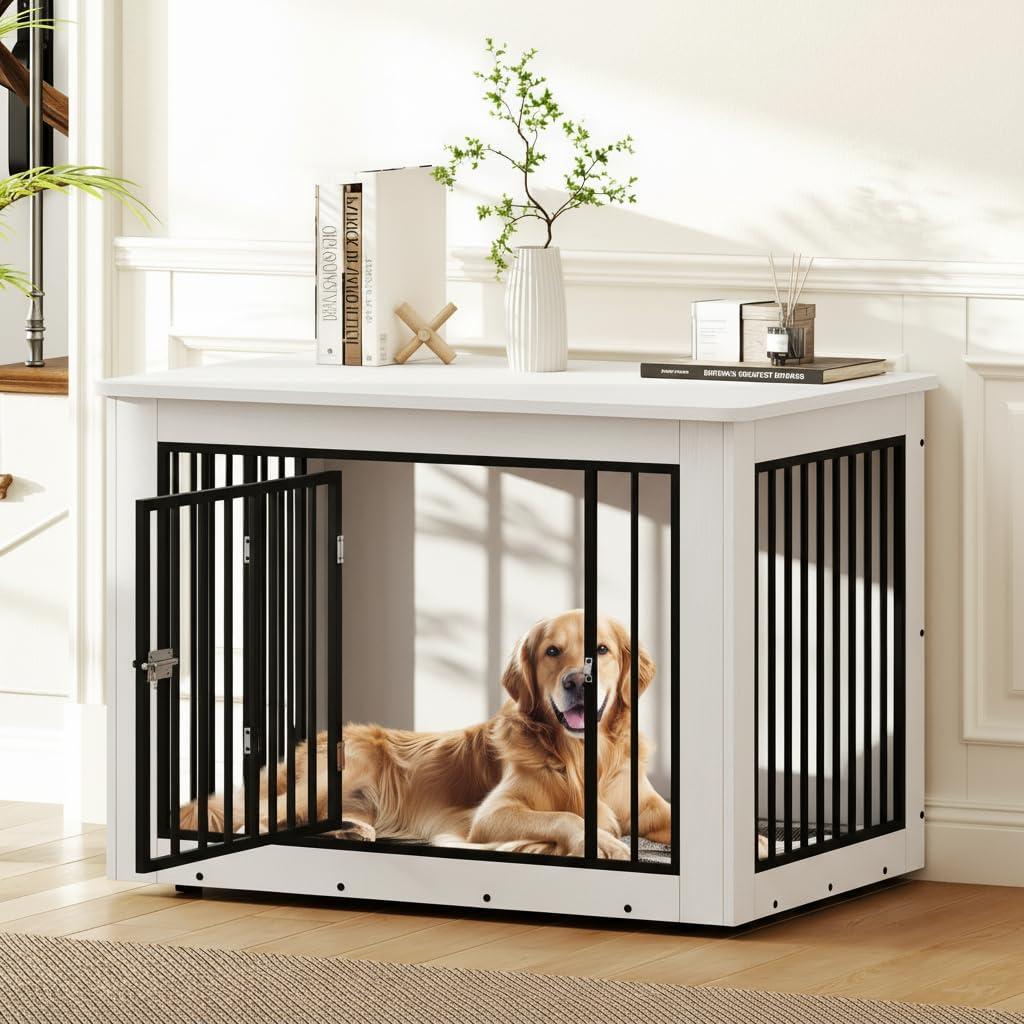 DWVO Dog Crate Furniture, 38 Inch Dog Kennel Indoor Furniture End Table for Dogs, Farmhouse Decorative Wooden Cage, Chew-Resistant, White (38.19"L x 24.01"W x 26.77"H)