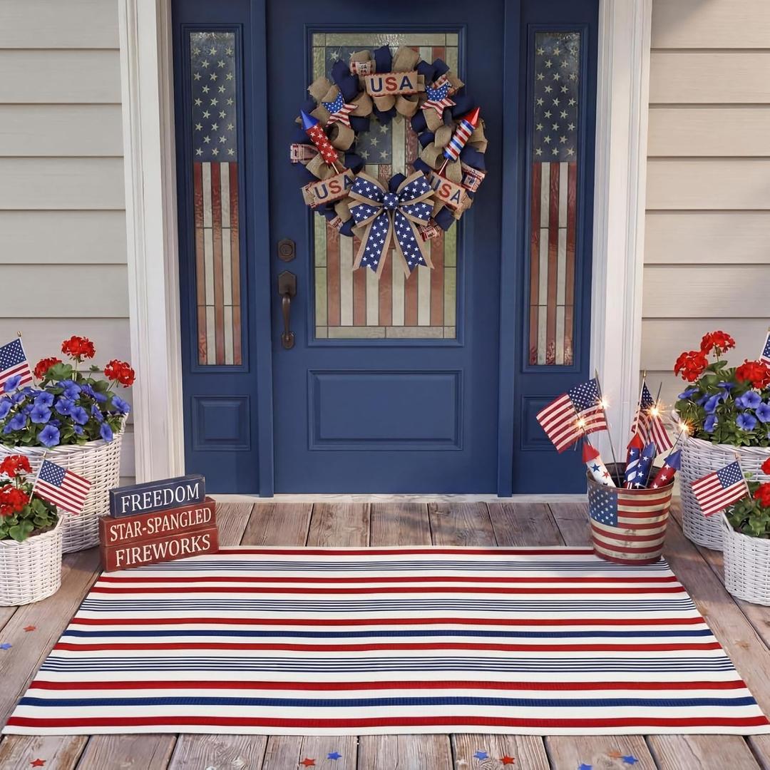 Moucuny 4th of July Outdoor Rug 23.6'' x 35.4'' 250th Anniversary Door Mat Red White Blue Striped Doormat Cotton Woven Patriotic Welcome Mats for Independence Day Porch Entryway Decor