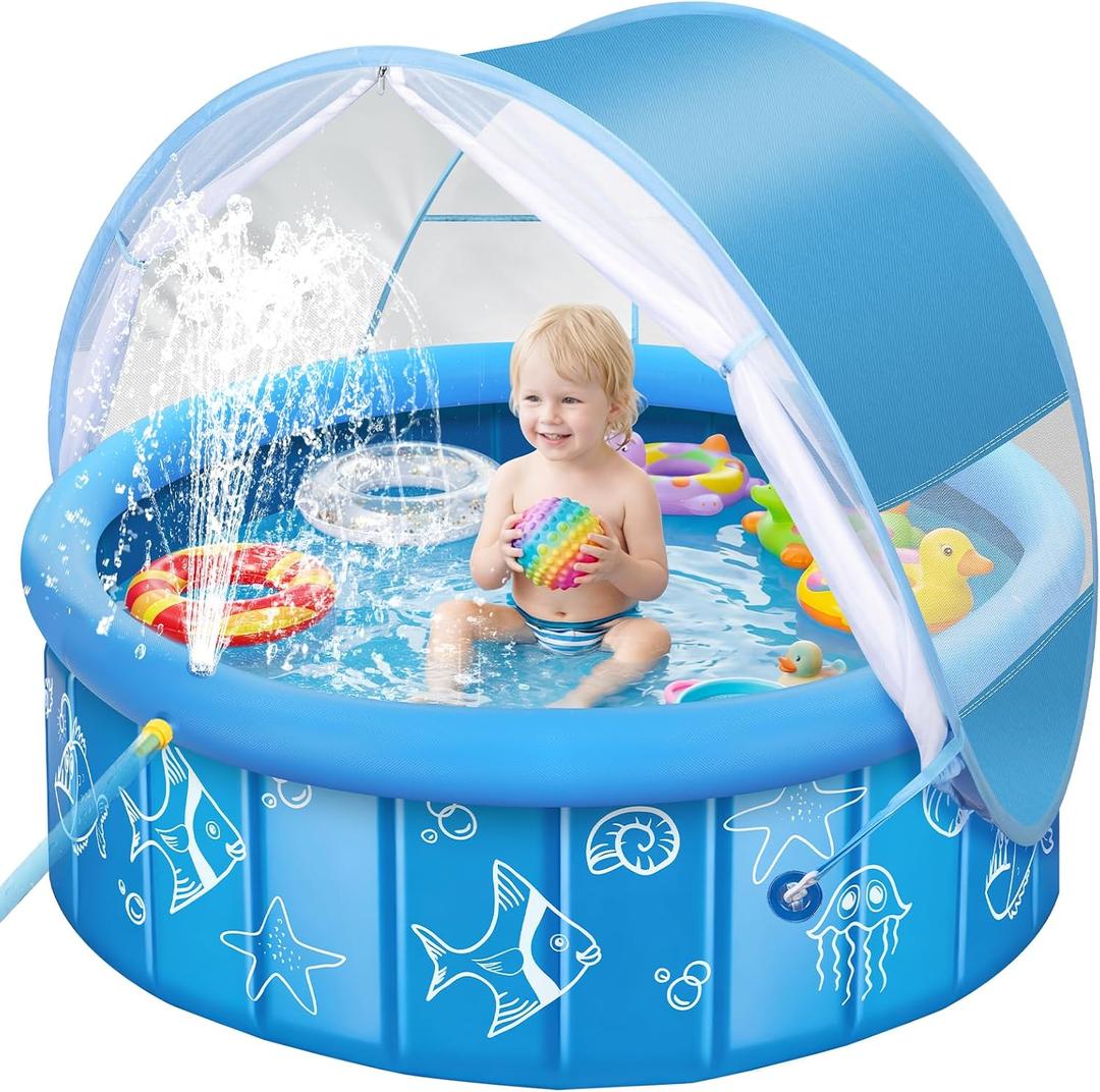 Baby Pool with Canopy Sprinkler, 47in Foldable Kiddie Pool with Pop Up Mosquito Net, Baby Beach Tent with Sun Shade Canopy, Portable Toddler Kids Small Pool for Backyard Beach Outdoor