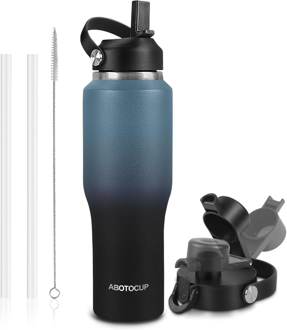 40oz Insulated Water Bottle Keep Cold 24h&Hot 12h, Double Wall Vacuum Insulated Water Bottles with Straw/Spout Lid, Stainless Steel Water Bottles that Fit in Any Car Cup Holder, Leak-proof (Indigo Black Gradient)