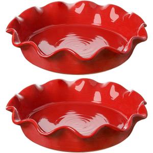 LE TAUCI Ceramic Pie Pans for Baking, 11 Inches Deep Dish Pie Plate for Apple Pie, 48 Ounce Baking Dish with Ruffled Edge, Set of 2, Red