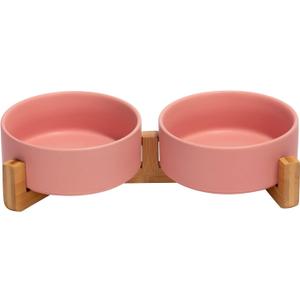 SPUNKYJUNKY Ceramic Dog and Cat Bowl with Wood Stand Non-Slip Matte Glaze Weighted Food Water Set for Cats &Small Dogs 13.5 OZ (1.7 CUPS, Pink  2)