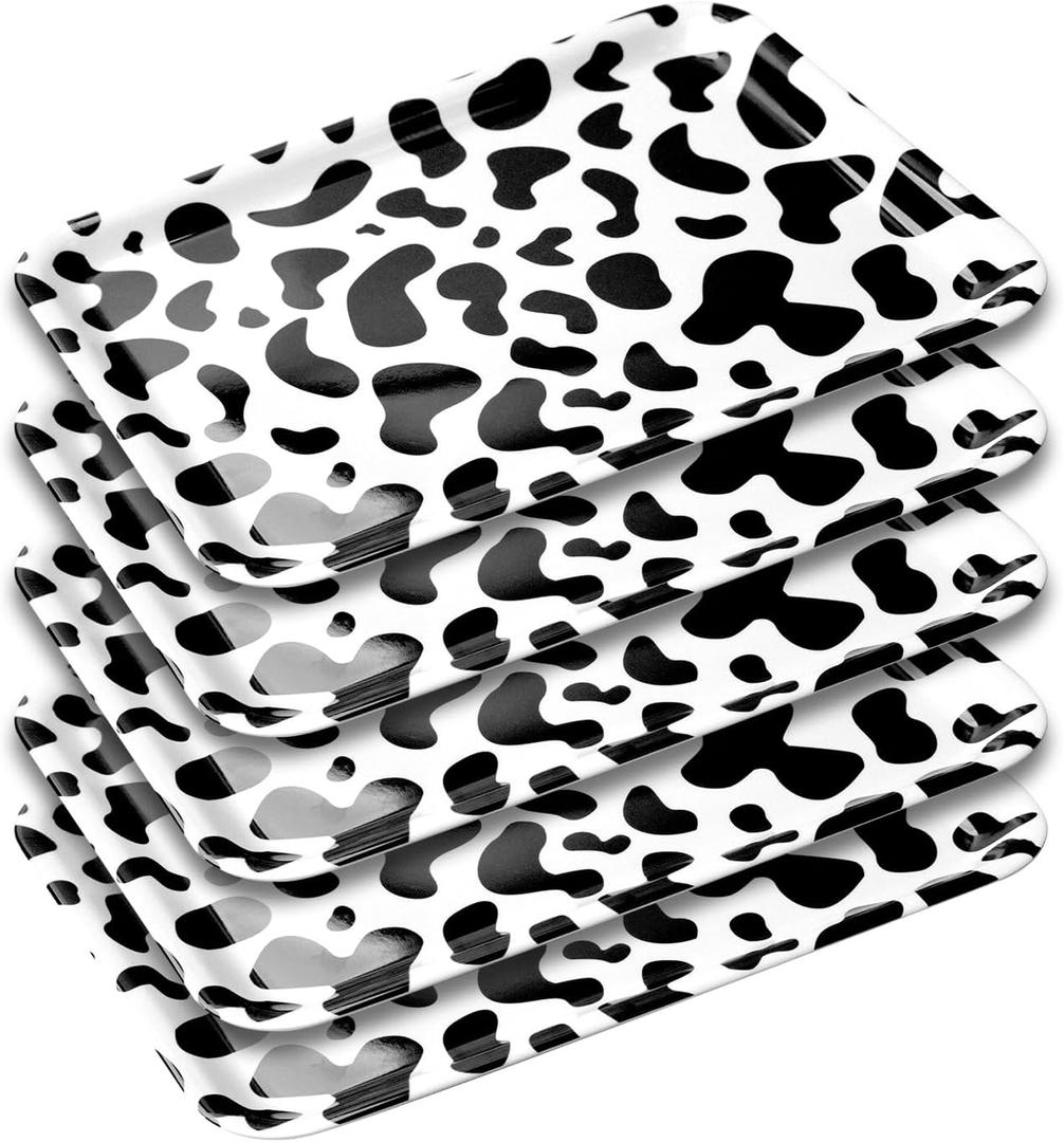 5 Pcs Cow Print Birthday Party Trays 13 x 10 Inch Black and White Cow Theme Serving Tray for Birthday Party Decorations Home Kitchen Table Supplies