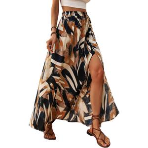 Floerns Women's Summer Tropical Print Slit Long Skirt Elastic High Waist Flowy Maxi Skirt Multicolor X-Large
