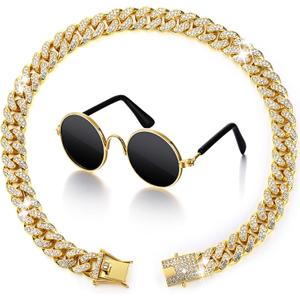 Xuniea 2 Pieces Cat Dog Chain Collar and Sunglasses Set Rhinestone Collar with Secure Buckle Round Glasses (Gold, Black,10 Inch)