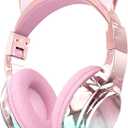 QearFun Kids Cat Ear Bluetooth Headphones, 60H Playtime, 74/85/94dB Safe Volume Limit, Metallic Gradient Wireless Headset with Mic, Fast Charging, Foldable, Wired Mode for Girls School/Tablet/Travel, Cat Pink