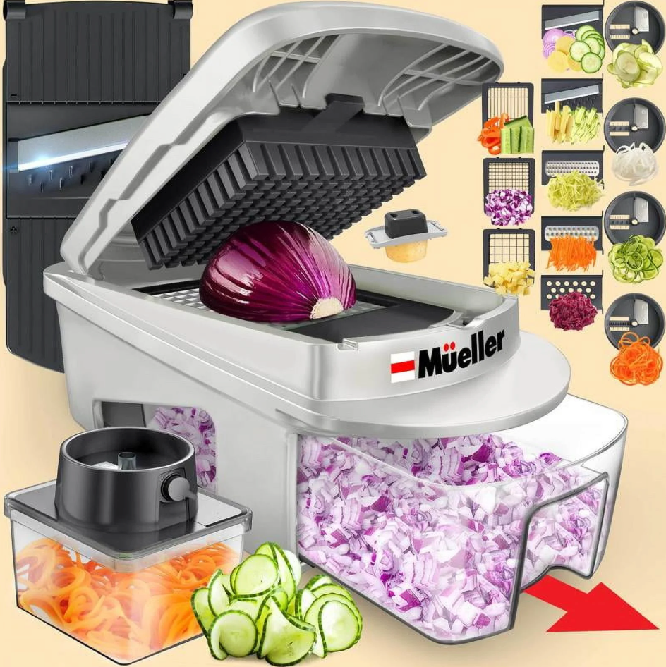 Mueller Pro-Series All-in-One, 12 Blade Mandoline Slicer for Kitchen, Food Chopper, Vegetable Slicer and Spiralizer, Cutter, Dicer, Grater, Kitchen Gadgets Sets with Container, White Sand/Gray