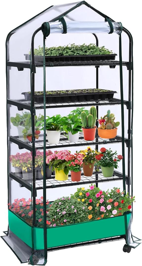 5 Tier Mini Greenhouse with Wheels for Indoor Outdoor, Portable Green House with PVC Cover and Shelves for Seedling, Greenhouse with Waterproof Mat and Cover Tape, Gardening Gifts for Women, Men