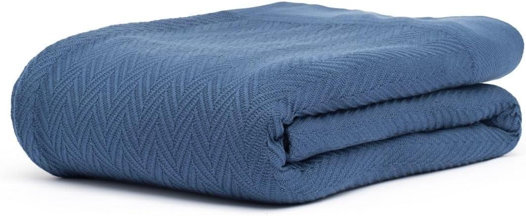 100% Cotton Herringbone Weave Blankets, 90"X90" Queen, Throw Blanket for Bed, All Season Cotton Blanket, Cozy Blanket, Throws Bed Blanket, Throw Blanket for Couch, Modern Home Decor -Navy Blue