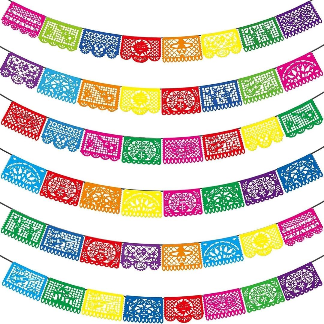 6PCS Mexican Party Decorations, 90FT Plastic Papel Picado Fiesta Party Banners, Dia De Los Muertos, Day of The Dead Decorations, Cinco De Mayo Decor, Mexican Theme Birthday Party Decorations (A1.multicolour-6pcs)