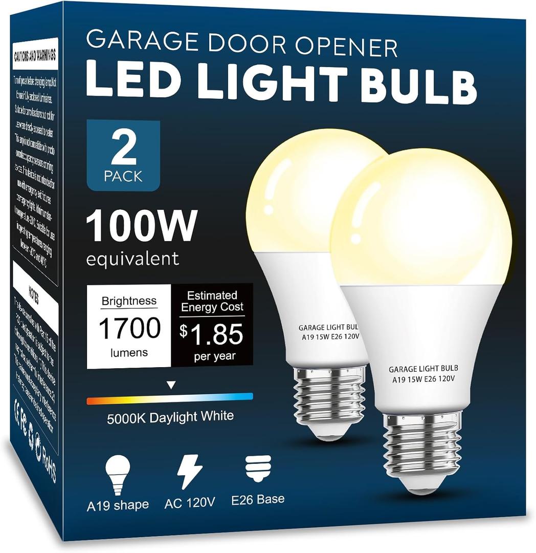 Garage Door Opener LED Light Bulb 2 Pack15W Equivalent to 100W Garage Light Bulb,A19 3000K Soft White E26 Base 120V Outdoor Light Bulbs,Minimize Interference,Dimmable