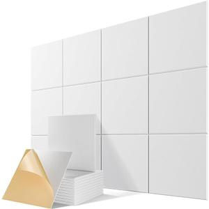 12 Pack Self-Adhesive Acoustic Panels, 12" X 12" X 0.4" High-Density Polyester Sound Proof Foam Panels for Walls, Soundproof Wall Panels for Home & Office (White)