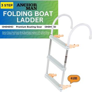 Anchor-Man Folding 3 Step Aluminum Boat Ladder for Fishing, Heavy-Duty Pontoon Boat Ladder with Wide Steps, Ideal for Yacht, Dock