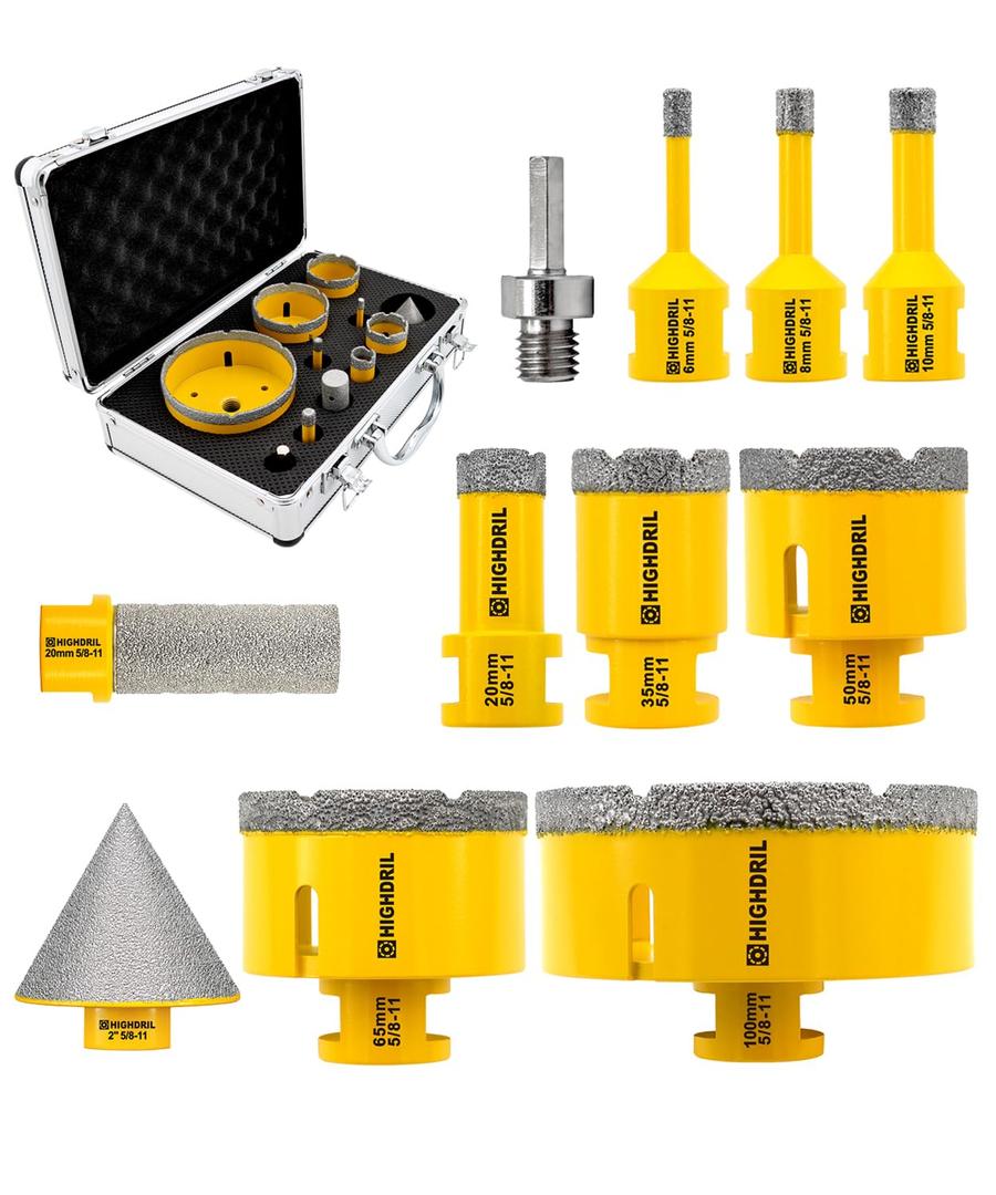 HIGHDRIL Diamond Drill Bits Kit with 5/8-11 for Porcelain Tile Ceramic Marble Brick Concrete Vacuum Brazed Hole Saw(6/8/10/20/35/50/65/100mm+50mm Chamfer Bit+20mm Finger Bit+Adapter) (Thread Set 10)
