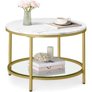 VASAGLE Round Coffee Table, 2-Tier Small Coffee Table with Faux Marble Top and Glass Shelf, Modern Style, for Living Room, 25.6 x 25.6 x 18.1 Inches, Marble White and Pale Gold ULCT072W59