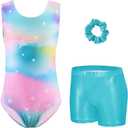 Zaclotre Gymnastics Leotards for Girls Sparkly Sleeveless Dance Unitards Biketards with Gym Shorts (6-7 Years, Color Gradient Star)