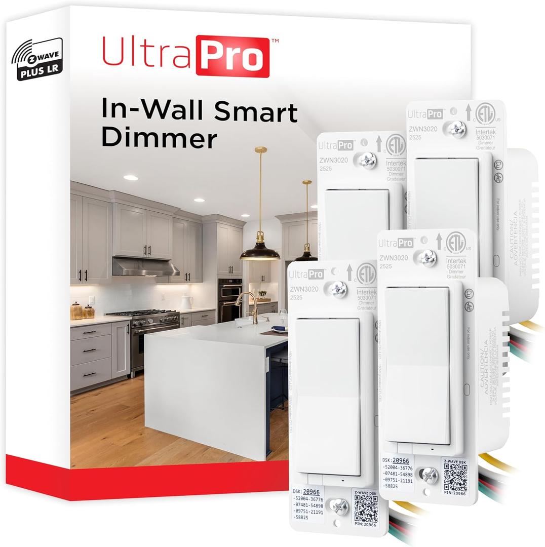 UltraPro Z-Wave Plus Long Range in-Wall Smart Dimmer for Smart Home Automation, 4 Pack, Plastic Yoke, Flying Leads, Single-Pole/3-Way, Hub Required, 76607