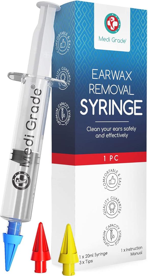Medi Grade Ear Syringe Ear Wax Removal with 3 Quad-stream Tips - Water Irrigation Ear Cleaner Ear Wax Remover for Improved Hearing Clarity and Aural Hygiene - Ear Syringe Kit Earwax Remover Tool