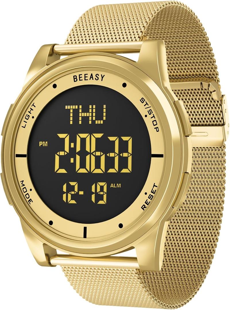 Beeasy Digital Watch Waterproof with Stopwatch Alarm Countdown Dual Time, Ultra-Thin Super Wide-Angle Display Digital Wrist Watches for Men Women (Gold)