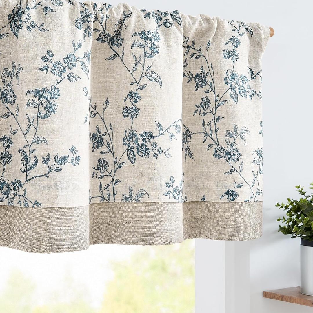 Jinchan Linen Kitchen Valance for Windows 16 Inch Floral Double Layer Valance Living Room Laundry Room Darkening Rustic Cottagecore Farmhouse Flower Window Treatment 1 Panel Blue on Linen