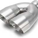 Dual Outlet Exhaust Tip 2.5" Inlet, A-KARCK Polished Double Wall Tailpipe Tip 2.5" Inlet Dual 4" Outlet 9.5" Long, Angle Cut Design