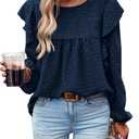 PRETTYGARDEN Women's Long Sleeve Shirts Ruffle Swiss Dot Crochet Loose Fit Tunic Dressy Casual Tops Blouses Spring Fashion (XS)