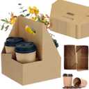 4 Cup Drink Coffee Carrier with Handle, 60 Pcs Paper Cup Holders Drink Holders Cardboard Disposable Beverage Tray Foldable Kraft to Go 12oz-32oz for Food Delivery Takeout Hot Cold Drinks