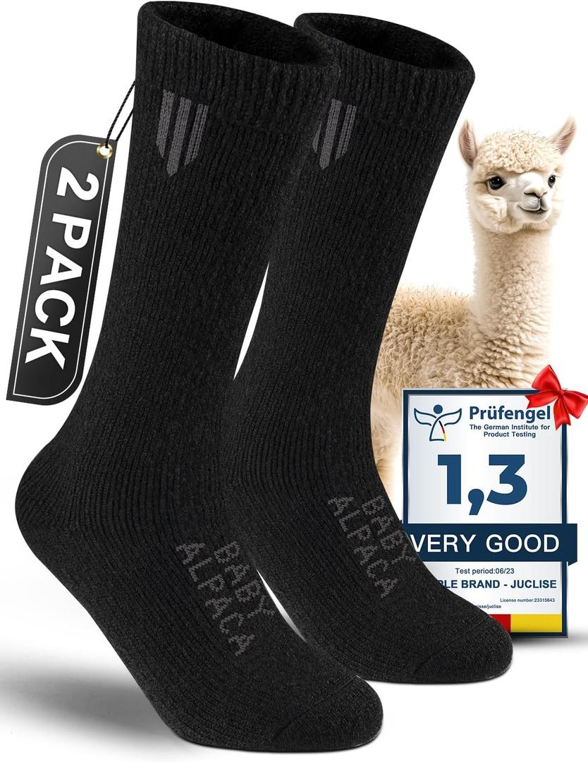 Alpaca Wool Crew Socks Men and Women,Thick Thermal Winter Cold Weather Hunting Hiking,Moisture Wicking Cushioned (X-Large, Black)