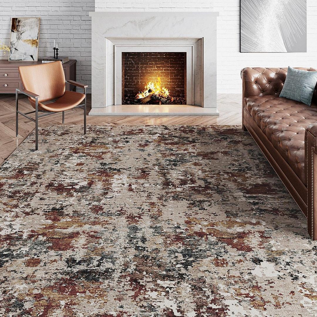 Modern Area Rug 5x7 Machine Washable Living Room Large Carpet Red Brown Multi Kitchen Mat Non Slip Indoor Accent Neutral Abstract Distressed Throw Rug for Dining Room Office Bedroom