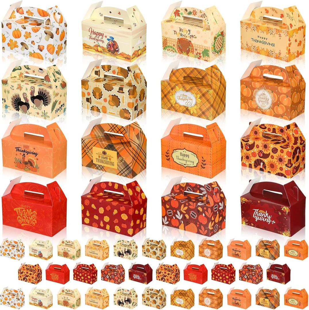 Honoson 48 Pcs Happy Thanksgiving Treat Boxes Fall Harvest Party Boxes Candy Wrapping Gift Box with Handle Fall Leaves Pumpkin Treat Containers for Goodies Thanksgiving Party, 6.29 x 3.15 x 3.15 Inch