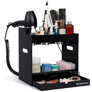 Hair Tool Organizer Countertop Extra Wide Bay | Bathroom & Hot Tools Organizer For Hair | Hairdryer Holder For Bathroom Vanity | Hot Tools Storage for Curling Iron Straightener, 3 Stainless Cups Black