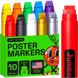 ARTISTRO 10 Poster Markers Jumbo Set Acrylic Markers with 15mm Wide Jumbo Tip for Murals Tagging Posters - Large for Rock Wood Plastic Leather Metal Fabric Ceramic