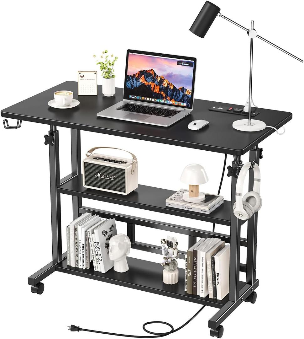 BYMECOST Adjustable Height Standing Desk with Power Outlets, Rolling Stand Up Desk with Storage Shelves, 31.5" Small Mobile Computer Desk, Portable Laptop Table (Black)